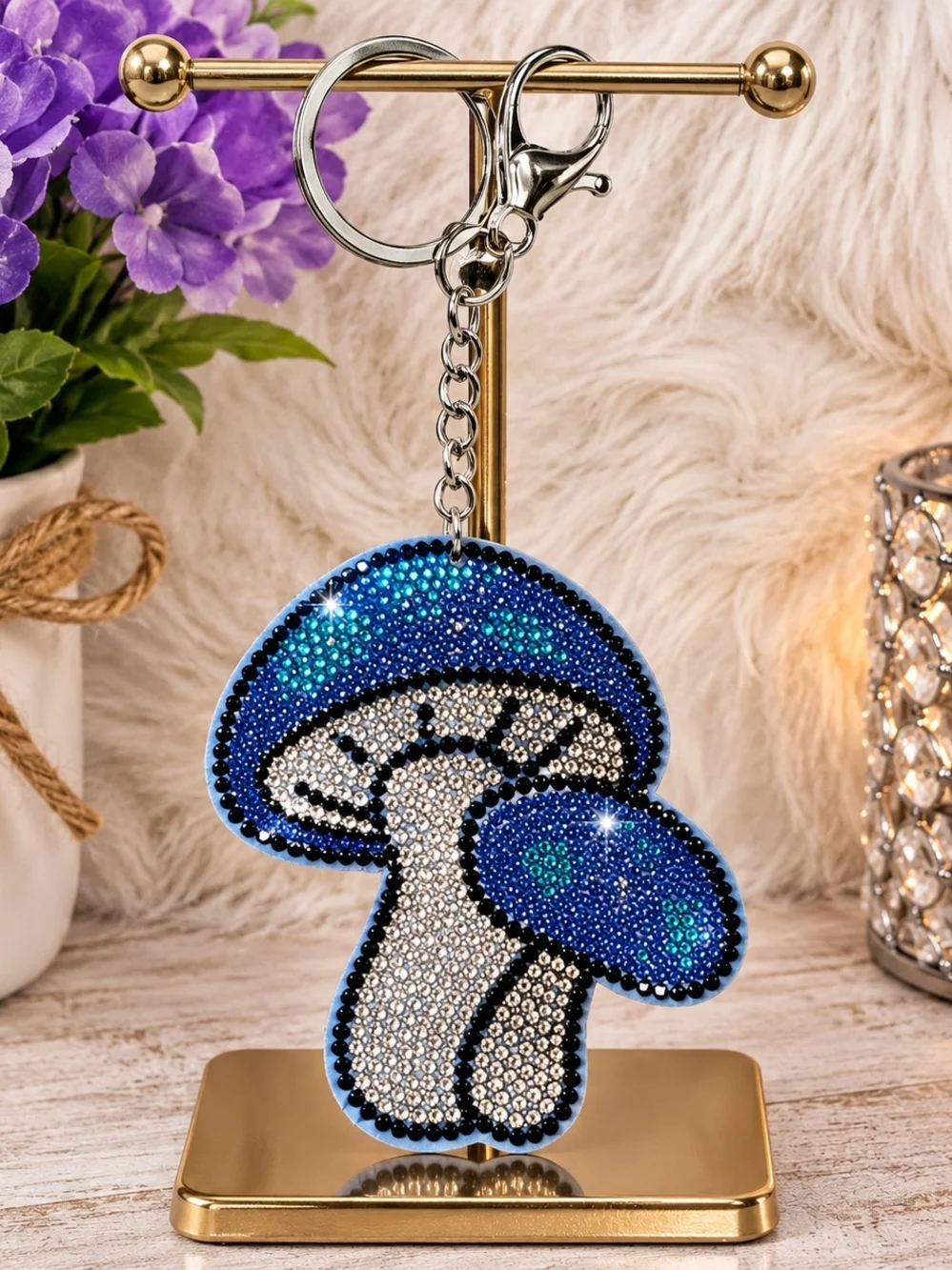 Oversized Rhinestone Mushroom Bag Charm Keychain Blue